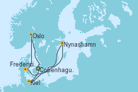Visitando Copenhague (Dinamarca), Kiel (Alemania), Nynashamn (Suecia), Fredericia (Dinamarca), Oslo (Noruega), Copenhague (Dinamarca)