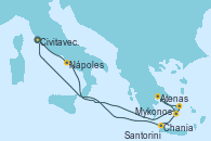 Visitando Civitavecchia (Roma), Nápoles (Italia), Mykonos (Grecia), Atenas (Grecia), Santorini (Grecia), Chania (Creta/Grecia), Civitavecchia (Roma)