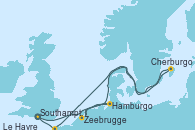 Visitando Southampton (Inglaterra), Hamburgo (Alemania), Zeebrugge (Bruselas), Cherburgo (Francia), Le Havre (Francia), Southampton (Inglaterra)