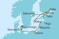 Visitando Copenhague (Dinamarca), Warnemunde (Alemania), Gdynia (Polonia), Klaipeda (Lituania), Riga (Letonia), Helsinki (Finlandia), Kotka (Finlandia), Visby (Suecia), Tallin (Estonia), Estocolmo (Suecia)