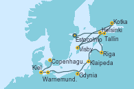 Visitando Estocolmo (Suecia), Helsinki (Finlandia), Kotka (Finlandia), Visby (Suecia), Tallin (Estonia), Riga (Letonia), Klaipeda (Lituania), Gdynia (Polonia), Warnemunde (Alemania), Kiel (Alemania), Copenhague (Dinamarca)