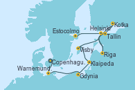 Visitando Copenhague (Dinamarca), Warnemunde (Alemania), Gdynia (Polonia), Klaipeda (Lituania), Visby (Suecia), Kotka (Finlandia), Helsinki (Finlandia), Riga (Letonia), Tallin (Estonia), Estocolmo (Suecia)