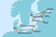 Visitando Estocolmo (Suecia), Helsinki (Finlandia), Kotka (Finlandia), Visby (Suecia), Tallin (Estonia), Riga (Letonia), Gdynia (Polonia), Warnemunde (Alemania), Kiel (Alemania), Copenhague (Dinamarca)