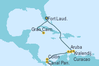 Visitando Fort Lauderdale (Florida/EEUU), Gran Caimán (Islas Caimán), Canal Panamá, Colón (Panamá), Aruba (Antillas), Kralendijk (Antillas), Curacao (Antillas), Fort Lauderdale (Florida/EEUU)