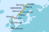 Visitando Southampton (Inglaterra), Edimburgo (Escocia), Kirkwall (Escocia), Lerwick (Escocia), Olden (Noruega), Aalesund (Noruega), Trondheim (Noruega), SANDNESSJOEN, NORWAY, Narvik (Noruega), Svolvaer (Lofoten/Noruega), Tromso (Noruega), Tromso (Noruega)