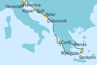 Visitando Ravenna (Italia), Venecia (Italia), Koper (Eslovenia), Split (Croacia), Kotor (Montenegro), Dubrovnik (Croacia), Corfú (Grecia), Santorini (Grecia), Mykonos (Grecia), Atenas (Grecia)