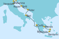 Visitando Ravenna (Italia), Venecia (Italia), Koper (Eslovenia), Split (Croacia), Kotor (Montenegro), Bari (Italia), Corfú (Grecia), Santorini (Grecia), Mykonos (Grecia), Atenas (Grecia)