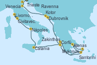 Visitando Trieste (Italia), Venecia (Italia), Ravenna (Italia), Dubrovnik (Croacia), Kotor (Montenegro), Corfú (Grecia), Santorini (Grecia), Atenas (Grecia), Mykonos (Grecia), Zakinthos (Grecia), Catania (Sicilia), Nápoles (Italia), Livorno, Pisa y Florencia (Italia), Civitavecchia (Roma)