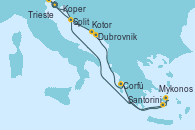 Visitando Trieste (Italia), Venecia (Italia), Koper (Eslovenia), Dubrovnik (Croacia), Kotor (Montenegro), Corfú (Grecia), Santorini (Grecia), Mykonos (Grecia), Split (Croacia), Trieste (Italia)