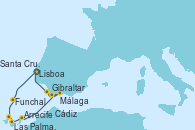 Visitando Lisboa (Portugal), Funchal (Madeira), Santa Cruz de Tenerife (España), Las Palmas de Gran Canaria (España), Arrecife (Lanzarote/España), Gibraltar (Inglaterra), Málaga, Cádiz (España), Lisboa (Portugal)