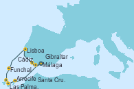 Visitando Málaga, Cádiz (España), Lisboa (Portugal), Funchal (Madeira), Santa Cruz de Tenerife (España), Las Palmas de Gran Canaria (España), Arrecife (Lanzarote/España), Gibraltar (Inglaterra), Málaga