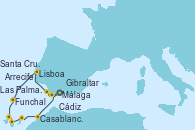 Visitando Málaga, Cádiz (España), Lisboa (Portugal), Funchal (Madeira), Santa Cruz de Tenerife (España), Las Palmas de Gran Canaria (España), Arrecife (Lanzarote/España), Agadir (Marruecos), Casablanca (Marruecos), Gibraltar (Inglaterra), Málaga