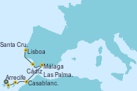 Visitando Santa Cruz de Tenerife (España), Las Palmas de Gran Canaria (España), Arrecife (Lanzarote/España), Agadir (Marruecos), Casablanca (Marruecos), Ceuta (España), Málaga, Cádiz (España), Lisboa (Portugal)