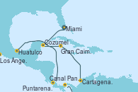 Visitando Miami (Florida/EEUU), Cozumel (México), Gran Caimán (Islas Caimán), Cartagena de Indias (Colombia), Canal Panamá, Puntarenas (Costa Rica), Huatulco (México), Los Ángeles (California)