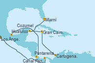 Visitando Los Ángeles (California), Huatulco (México), Puntarenas (Costa Rica), Canal Panamá, Cartagena de Indias (Colombia), Gran Caimán (Islas Caimán), Cozumel (México), Miami (Florida/EEUU)