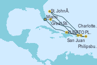 Visitando Miami (Florida/EEUU), Great Stirrup Cay (Bahamas), San Juan (Puerto Rico), Philipsburg (St. Maarten), St. John´s (Antigua y Barbuda), Charlotte Amalie (St. Thomas), Puerto Plata, Republica Dominicana, Miami (Florida/EEUU)