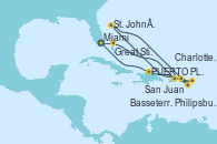 Visitando Miami (Florida/EEUU), Great Stirrup Cay (Bahamas), San Juan (Puerto Rico), Philipsburg (St. Maarten), St. John´s (Antigua y Barbuda), Basseterre (Antillas), Charlotte Amalie (St. Thomas), PUERTO PLATA, REPUBLICA DOMINICANA, Miami (Florida/EEUU)