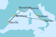 Visitando Savona (Italia), Civitavecchia (Roma), Nápoles (Italia), Barcelona, Valencia, Marsella (Francia), Savona (Italia)
