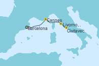 Visitando Barcelona, Cannes (Francia), Livorno, Pisa y Florencia (Italia), Livorno, Pisa y Florencia (Italia), Civitavecchia (Roma)