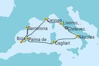 Visitando Civitavecchia (Roma), Nápoles (Italia), Cagliari (Cerdeña), Palma de Mallorca (España), Ibiza (España), Barcelona, Palma de Mallorca (España), Cannes (Francia), Livorno, Pisa y Florencia (Italia), Civitavecchia (Roma)