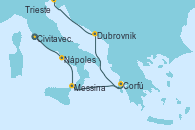 Visitando Civitavecchia (Roma), Nápoles (Italia), Messina (Sicilia), Corfú (Grecia), Dubrovnik (Croacia), Trieste (Italia)