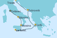 Visitando Civitavecchia (Roma), Nápoles (Italia), Messina (Sicilia), La Valletta (Malta), Corfú (Grecia), Dubrovnik (Croacia), Trieste (Italia)