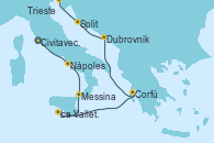 Visitando Civitavecchia (Roma), Nápoles (Italia), Messina (Sicilia), La Valletta (Malta), Corfú (Grecia), Dubrovnik (Croacia), Split (Croacia), Trieste (Italia)