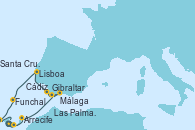 Visitando Santa Cruz de Tenerife (España), Las Palmas de Gran Canaria (España), Fuerteventura (Canarias/España), Arrecife (Lanzarote/España), Gibraltar (Inglaterra), Málaga, Cádiz (España), Lisboa (Portugal), Funchal (Madeira), Funchal (Madeira), Santa Cruz de la Palma (España), Santa Cruz de Tenerife (España)