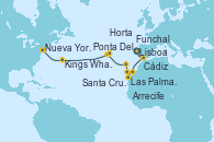 Visitando Lisboa (Portugal), Cádiz (España), Arrecife (Lanzarote/España), Las Palmas de Gran Canaria (España), Santa Cruz de Tenerife (España), Funchal (Madeira), Ponta Delgada (Azores), Horta (Islas Azores), Kings Wharf (Bermudas), Kings Wharf (Bermudas), Nueva York (Estados Unidos)