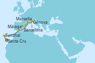 Visitando Santa Cruz de Tenerife (España), Funchal (Madeira), Málaga, Marsella (Francia), Génova (Italia), Barcelona