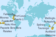 Visitando Fort Lauderdale (Florida/EEUU), Falmouth (Jamaica), Puerto Limón (Costa Rica), Fuerte Amador (Panamá), Fuerte Amador (Panamá), Nuku Hiva (Polinesia Francesa), Papeete (Tahití), Papeete (Tahití), Moorea (Tahití), Bora Bora (Polinesia), Raiatea (Polinesia Francesa), Nukualofa (Tongatapu), Auckland (Nueva Zelanda), Tauranga (Nueva Zelanda), Gisborne (Nueva Zelanda), Wellington (Nueva Zelanda), Sydney (Australia)