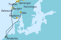 Visitando Ámsterdam (Holanda), Geiranger (Noruega), Tromso (Noruega), Honningsvag (Noruega), Aalesund (Noruega), Bergen (Noruega), Kristiansand (Noruega), Oslo (Noruega), Ámsterdam (Holanda)