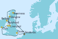 Visitando Ámsterdam (Holanda), Inverness (Escocia), Belfast (Irlanda), Liverpool (Reino Unido), Glasgow (Escocia), Holyhead (Gales/Reino Unido), Cork (Irlanda), Dover (Inglaterra), Ámsterdam (Holanda)