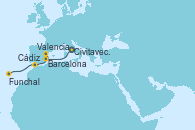 Visitando Civitavecchia (Roma), Barcelona, Valencia, Cádiz (España), Funchal (Madeira)