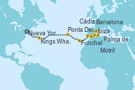 Visitando Nueva York (Estados Unidos), Kings Wharf (Bermudas), Ponta Delgada (Azores), Funchal (Madeira), Cádiz (España), Motril (Granada/Andalucía), Ibiza (España), Palma de Mallorca (España), Barcelona