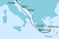 Visitando Trieste (Italia), Venecia (Italia), Rijeka (Croacia), Hvar (Croacia), Kotor (Montenegro), Corfú (Grecia), Santorini (Grecia), Mykonos (Grecia), Split (Croacia), Trieste (Italia)