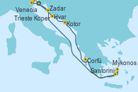 Visitando Trieste (Italia), Venecia (Italia), Koper (Eslovenia), Hvar (Croacia), Kotor (Montenegro), Corfú (Grecia), Santorini (Grecia), Mykonos (Grecia), Zadar (Croacia), Trieste (Italia)