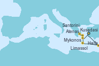 Visitando Kusadasi (Efeso/Turquía), Haifa (Israel), Limassol (Chipre), Mykonos (Grecia), Mykonos (Grecia), Atenas (Grecia), Atenas (Grecia), Mykonos (Grecia), Atenas (Grecia), Santorini (Grecia), Kusadasi (Efeso/Turquía)