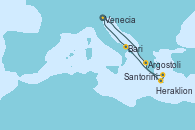 Visitando Venecia (Italia), Argostoli (Grecia), Santorini (Grecia), Heraklion (Creta), Bari (Italia), Venecia (Italia)