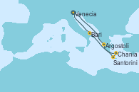 Visitando Venecia (Italia), Argostoli (Grecia), Santorini (Grecia), Chania (Creta/Grecia), Bari (Italia), Venecia (Italia)