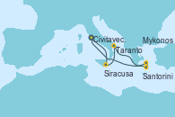 Visitando Civitavecchia (Roma), Siracusa (Sicilia), Taranto (Italia), Santorini (Grecia), Mykonos (Grecia), Mykonos (Grecia), Civitavecchia (Roma)