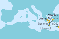 Visitando Limassol (Chipre), Mykonos (Grecia), Mykonos (Grecia), Atenas (Grecia), Atenas (Grecia), Atenas (Grecia), Mykonos (Grecia), Santorini (Grecia), Kusadasi (Efeso/Turquía), Haifa (Israel), Limassol (Chipre)