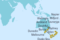 Visitando Sydney (Australia), Eden (Nueva Gales), Burnie (Tasmania/Australia), Melbourne (Australia), Dusky Sound (Nueva Zelanda), Milfjord Sound (Nueva Zelanda), Doubtful Sound (Nueva Zelanda), Dunedin (Nueva Zelanda), Wellington (Nueva Zelanda), Napier (Nueva Zelanda), Tauranga (Nueva Zelanda), Auckland (Nueva Zelanda)