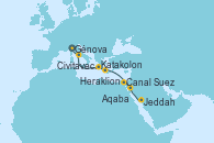 Visitando Génova (Italia), Civitavecchia (Roma), Katakolon (Olimpia/Grecia), Heraklion (Creta), Canal Suez, Canal Suez, Aqaba (Jordania), Jeddah (Arabia Saudí)