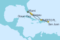 Visitando Miami (Florida/EEUU), Puerto Plata, Republica Dominicana, San Juan (Puerto Rico), Nassau (Bahamas), Ocean Cay MSC Marine Reserve (Bahamas), Miami (Florida/EEUU)