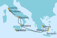Visitando Civitavecchia (Roma), Atenas (Grecia), Mykonos (Grecia), Santorini (Grecia), La Valletta (Malta), Messina (Sicilia), Nápoles (Italia), Livorno, Pisa y Florencia (Italia), Civitavecchia (Roma)