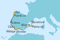 Visitando Lisboa (Portugal), Puerto Leixões (Portugal), Vigo (España), Cádiz (España), Gibraltar (Inglaterra), Málaga, Alicante (España), Palma de Mallorca (España), Barcelona