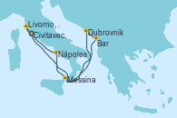 Visitando Civitavecchia (Roma), Dubrovnik (Croacia), Bar ( Montenegro), Messina (Sicilia), Nápoles (Italia), Livorno, Pisa y Florencia (Italia), Civitavecchia (Roma)