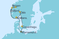 Visitando Warnemunde (Alemania), Bergen (Noruega), Eidfjord (Hardangerfjord/Noruega), Kristiansand (Noruega), Oslo (Noruega), Copenhague (Dinamarca), Warnemunde (Alemania)