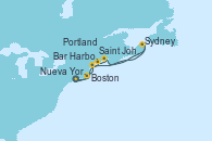 Visitando Nueva York (Estados Unidos), Boston (Massachusetts), Portland (Maine/Estados Unidos), Bar Harbor (Maine), Saint John (New Brunswick/Canadá), Sydney (Nueva Escocia/Canadá), Nueva York (Estados Unidos)